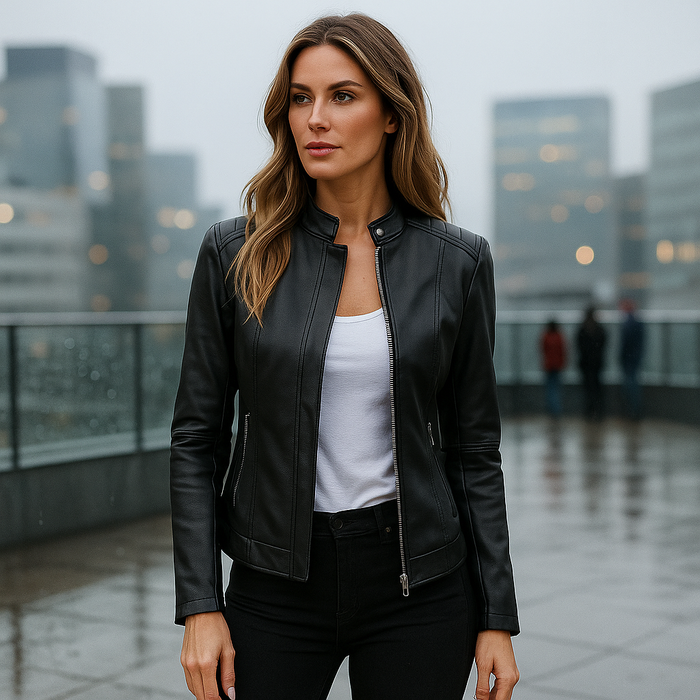 Women's slim fit jacket – Mao collar – Zipper – Hip length