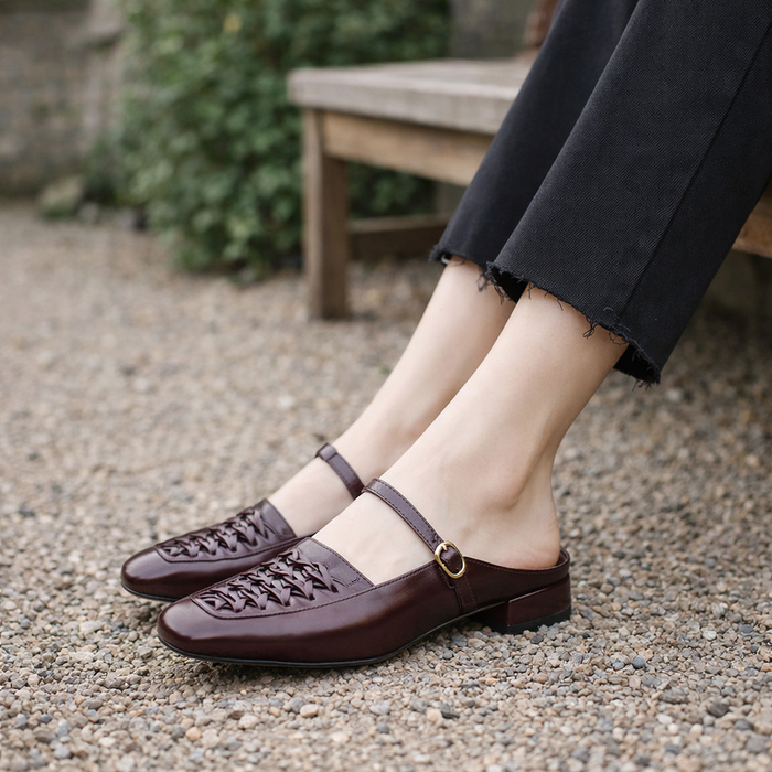 Women's Mary Jane mules | Woven synthetic material with square toe | Brown, Black