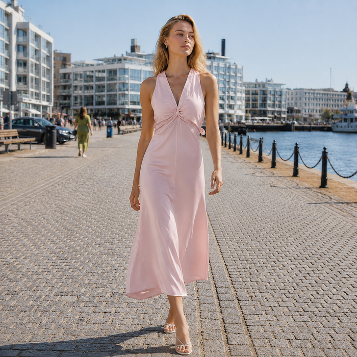 Long dress | Backless design, ankle length | V-neck