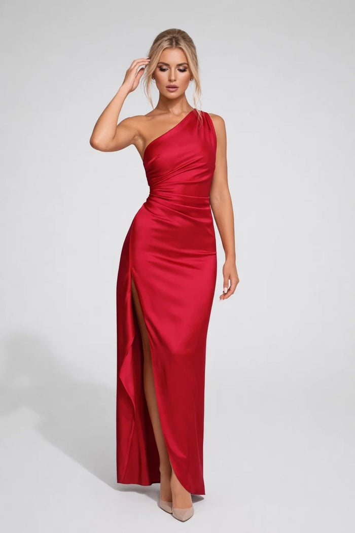 Evening Dress | Women's One-Shoulder, Long Satin Dress | Slit