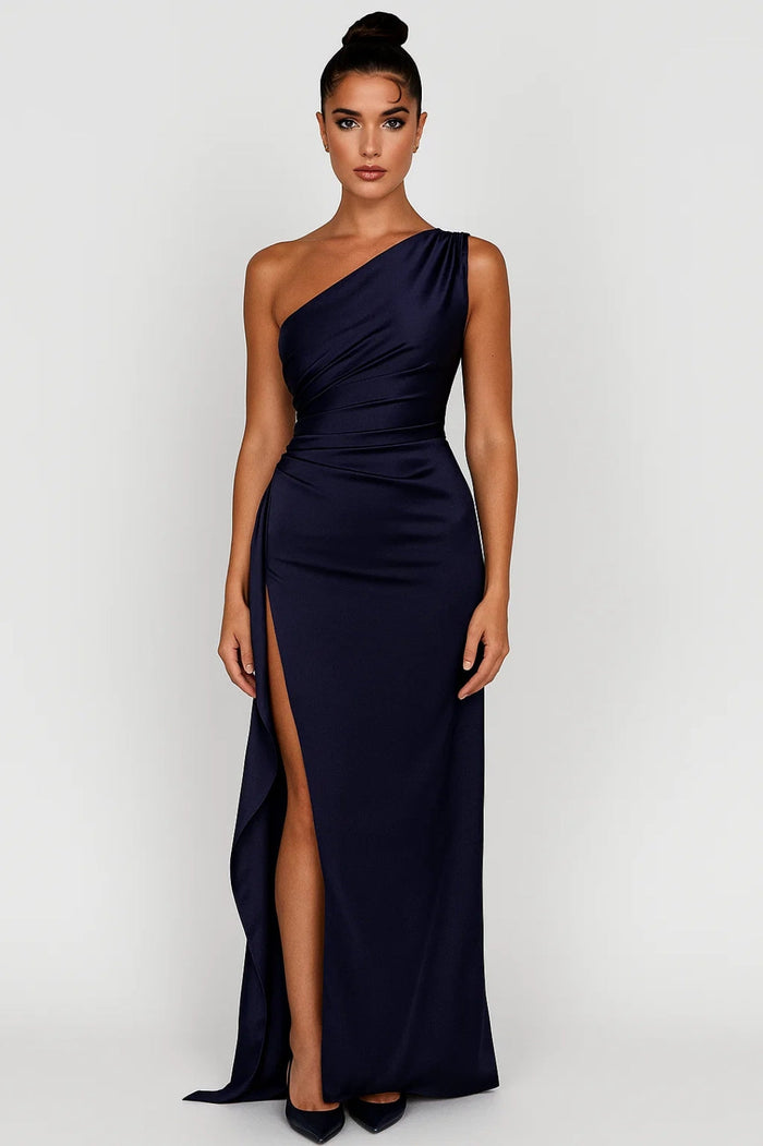 Evening Dress | Women's One-Shoulder, Long Dress | Slit and Pleats
