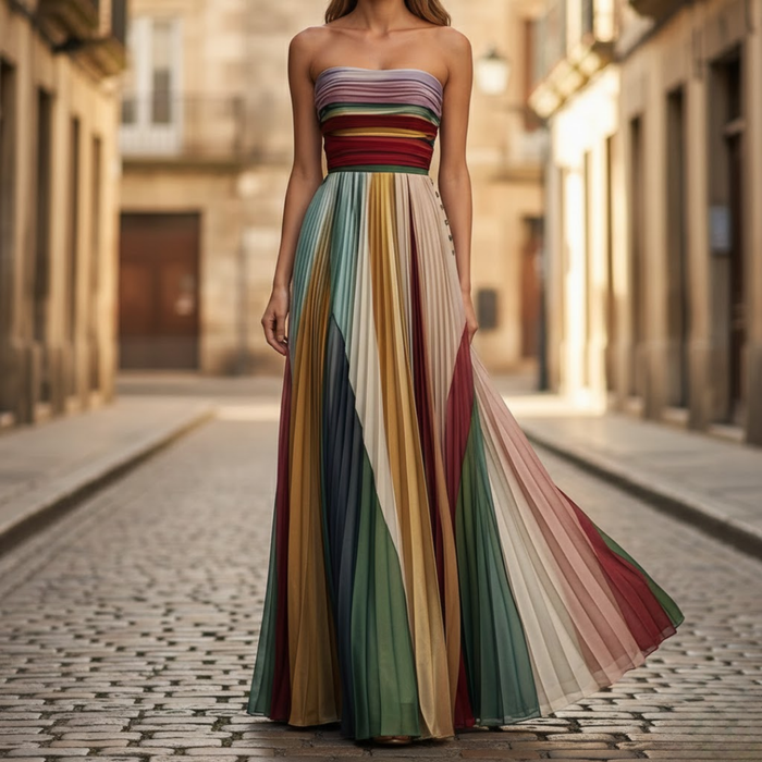 Women's Maxi Dress | Off-Shoulder Pleats | Multicolor