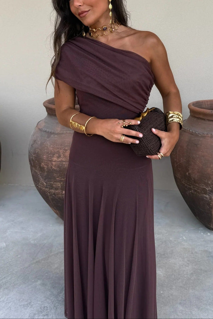 Off-Shoulder Mesh Maxi Dress with Draped Bust