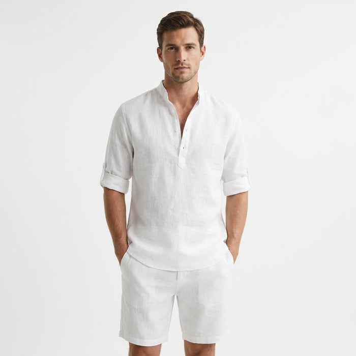 Men's linen shirt | Stand collar, roll-up sleeves