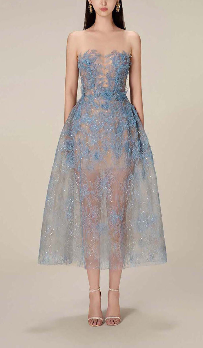 Floral Lace Midi Dress with Illusion Sleeves