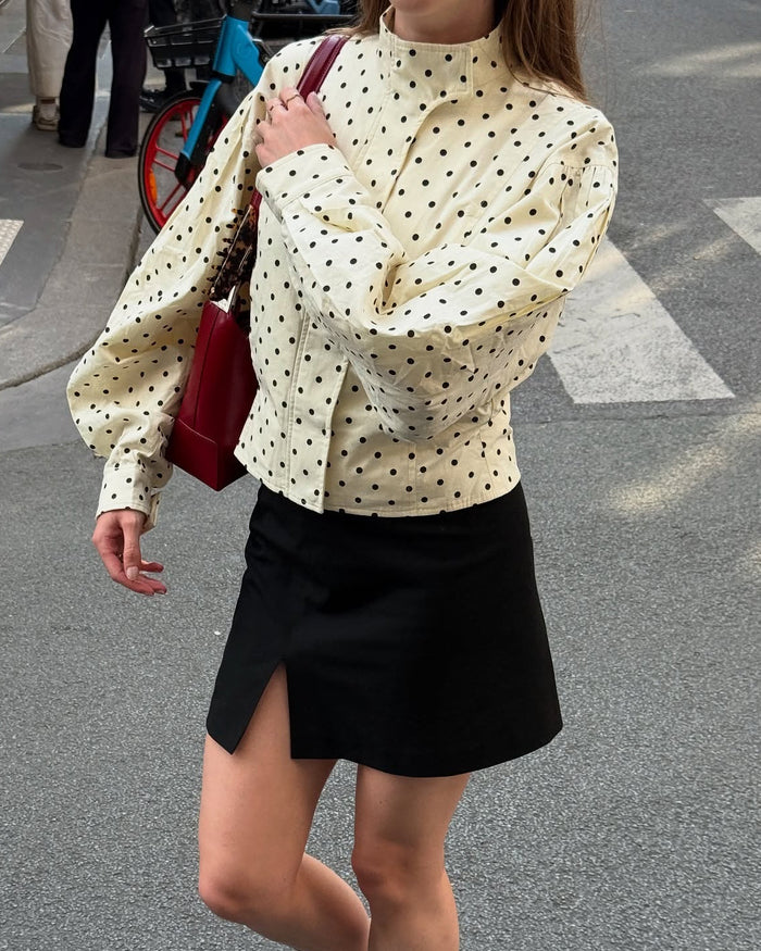 Polka Dot Puff-Sleeve High-Neck Jacket