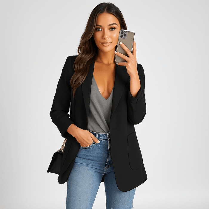 Women’s long blazer - tailored fit - open front - notch collar