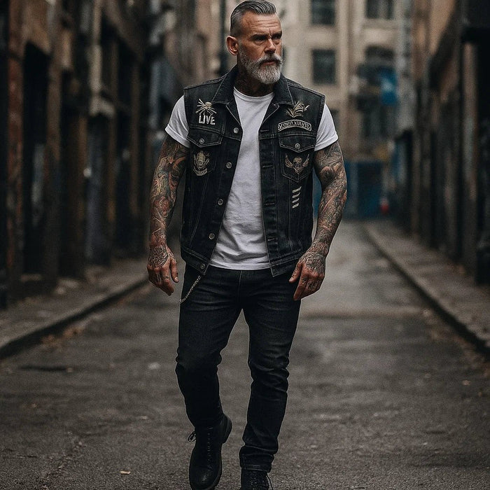 Men's Motorcycle Vest | With Denim, Sleeveless | Black