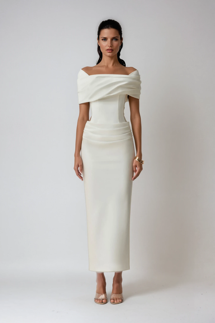 Off-Shoulder Ruched Maxi Dress in White