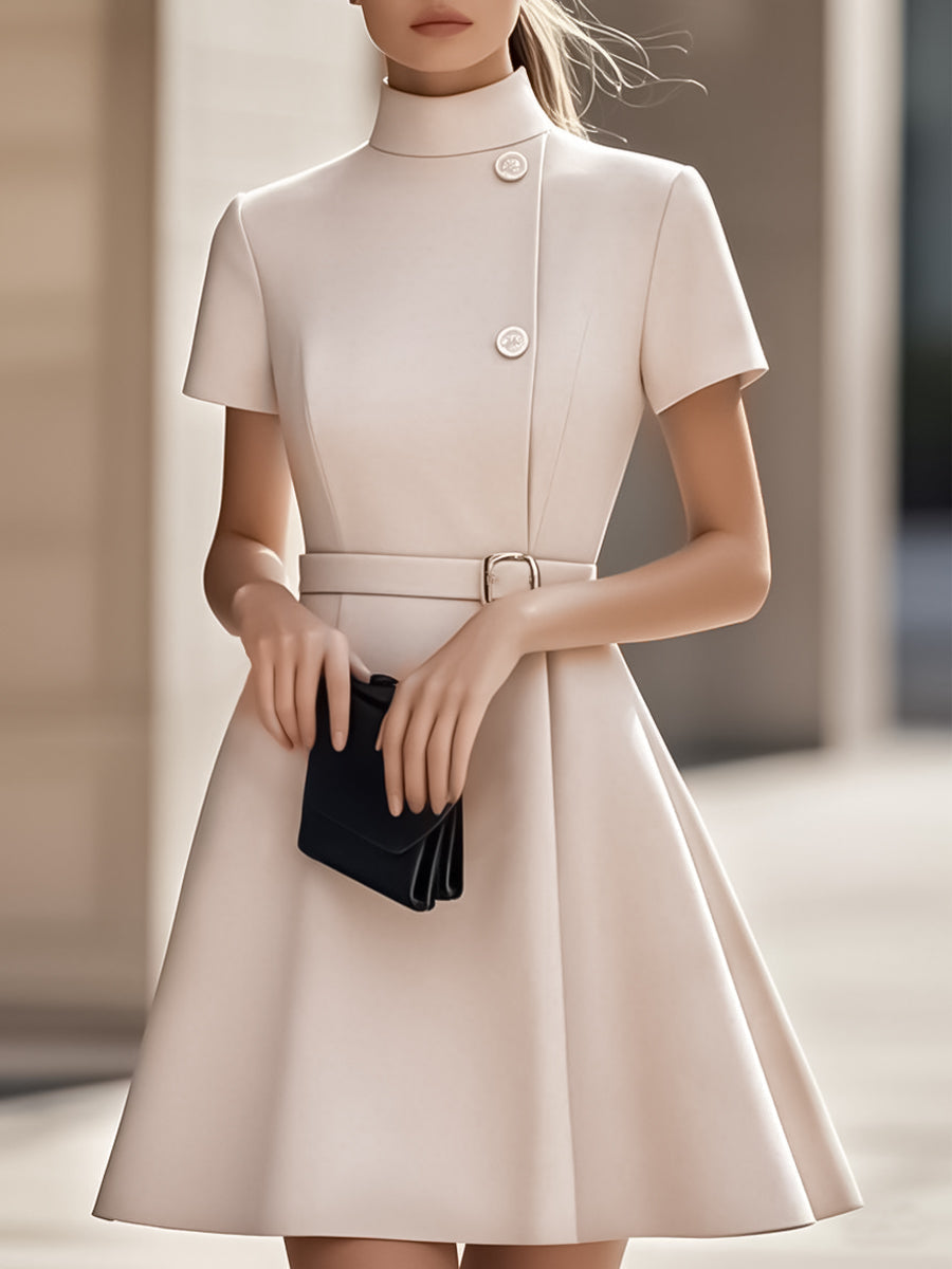 Women's Mini Dress | High Collar, Waist Belt | A-line Party Dress