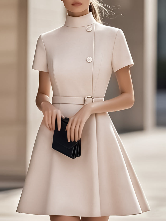 Women's Mini Dress | High Collar, Waist Belt | A-line Party Dress