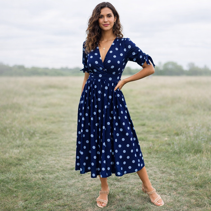 Polka Dot Dress | Women, V-Neck | Buttoned Front