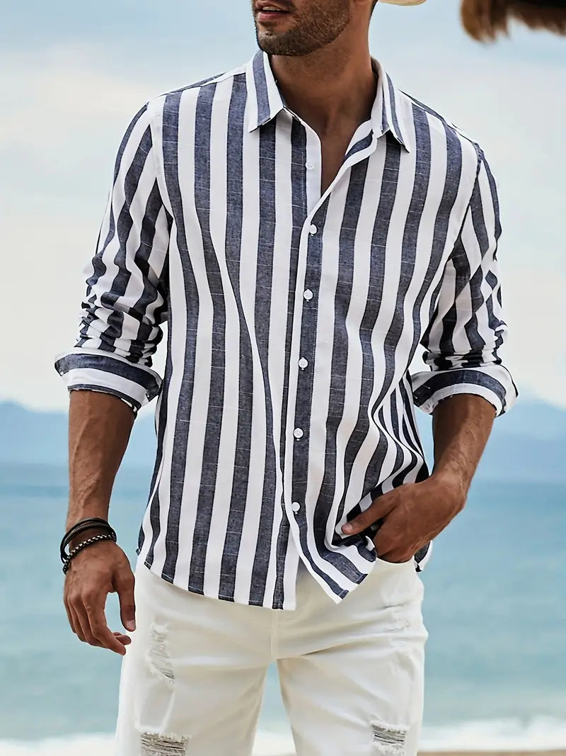 Men's striped dress shirt | Cotton-linen blend | Long-sleeve summer shirt