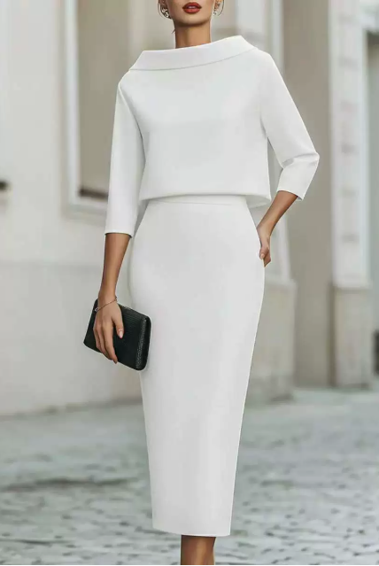 Women's Evening Gown | Boat Neck, 3/4 Sleeves | Elegant Midi Party Dress