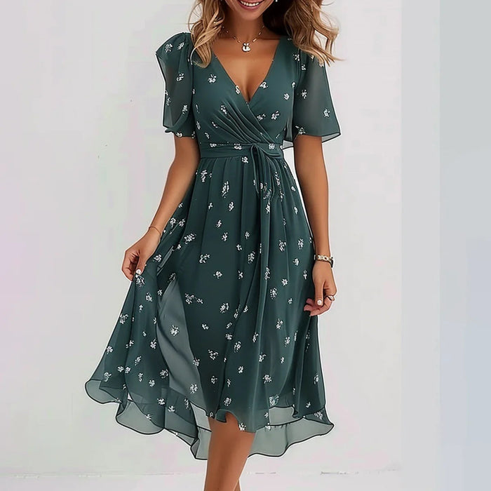 Women's summer dress | Floral wrap dress, V-neck | Midi