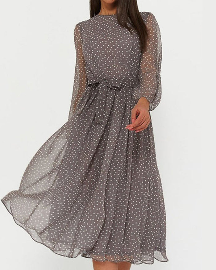 Women's Dress | Gray Polka Dot, Trapeze Shape | Long Sleeve