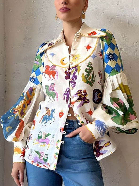 Women's Blouse | Pop-Art Print and Puff Sleeves