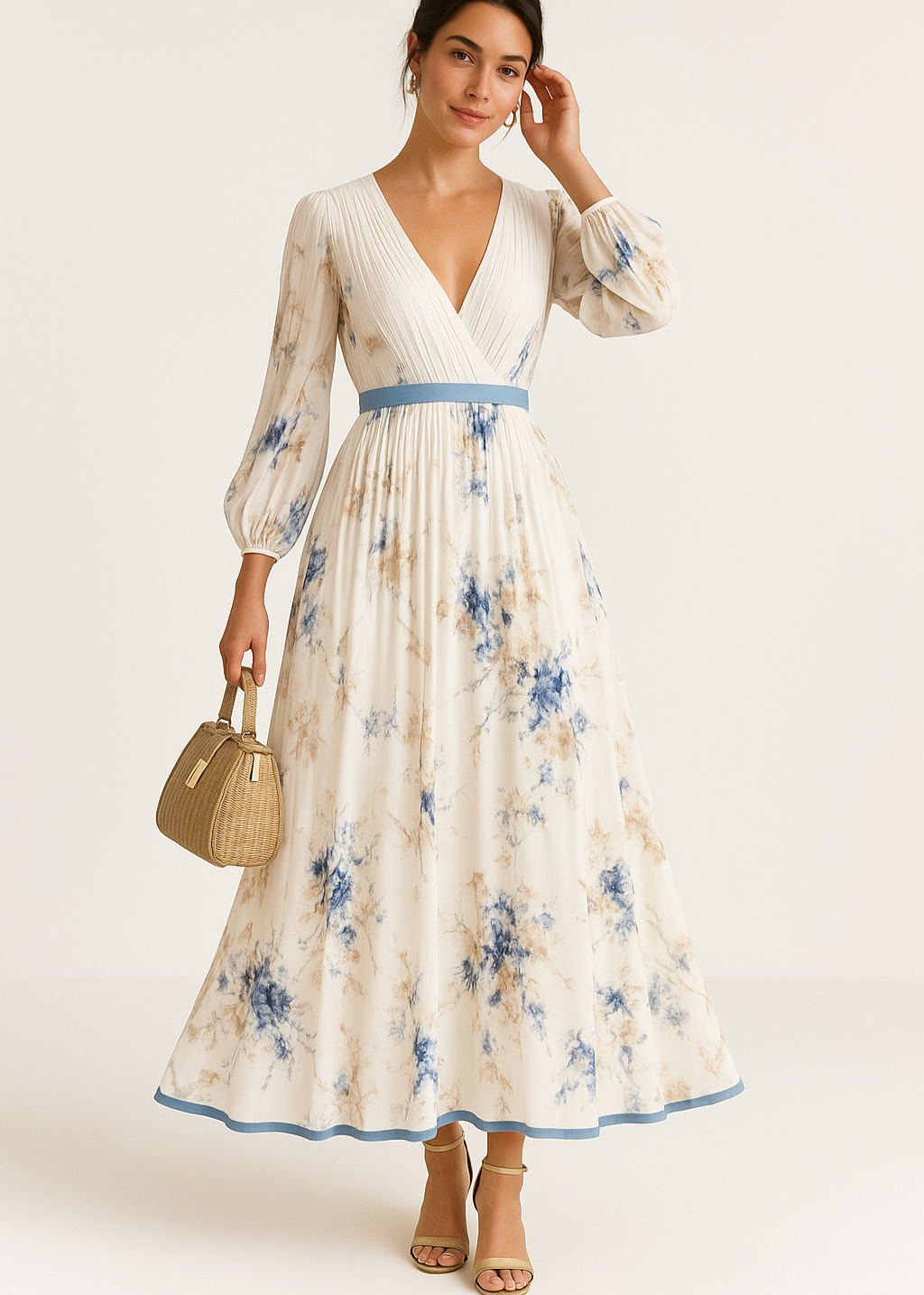 Maxi wrap dress floral pattern white long sleeves