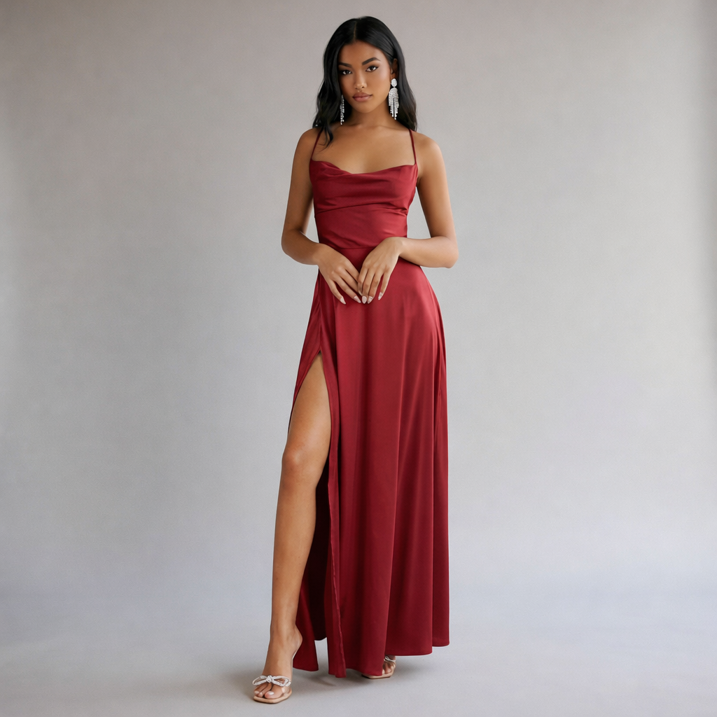 Long Elegant Silk Dress - Braided Back Party Dress