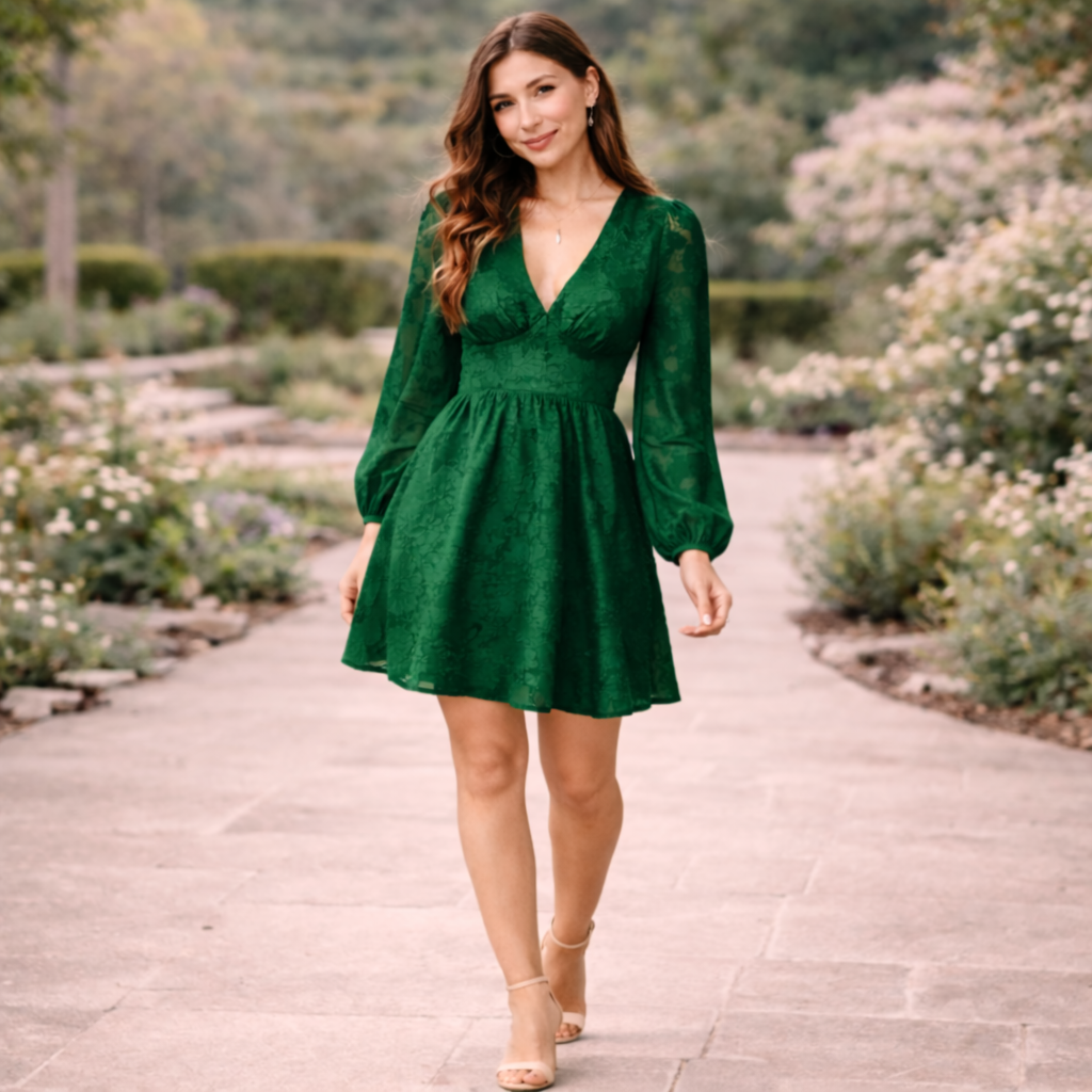 Silk Dress | Elegant Design | Puff Sleeves, Deep Neckline