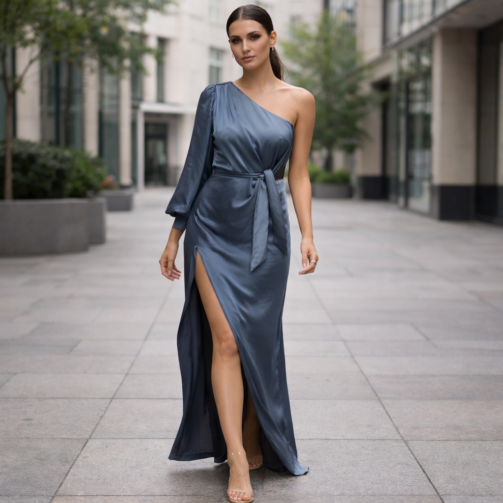 Satin Maxi Dress | One-Shoulder, Elegant