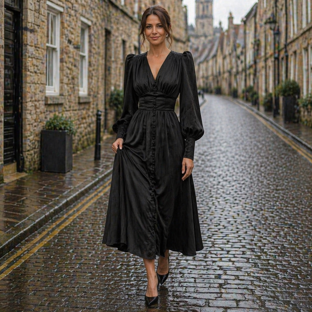 Satin Dress | Midi Length, Long Sleeves, V-Neck