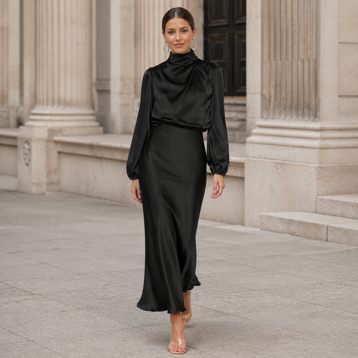 Satin Long Dress | Effortless Elegance | High Collar, Long Sleeves