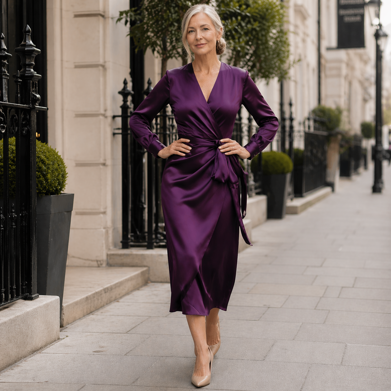 Satin Wrap Midi Dress | Deep Plum | Long Sleeve
