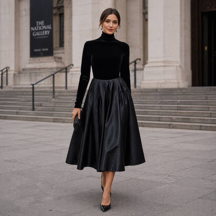 Midi Dress | Black Velvet and Satin, Long Sleeve