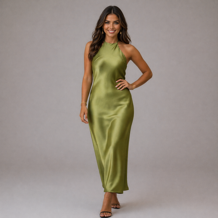 Festive dress | Women's green silk fabric | Elegant style