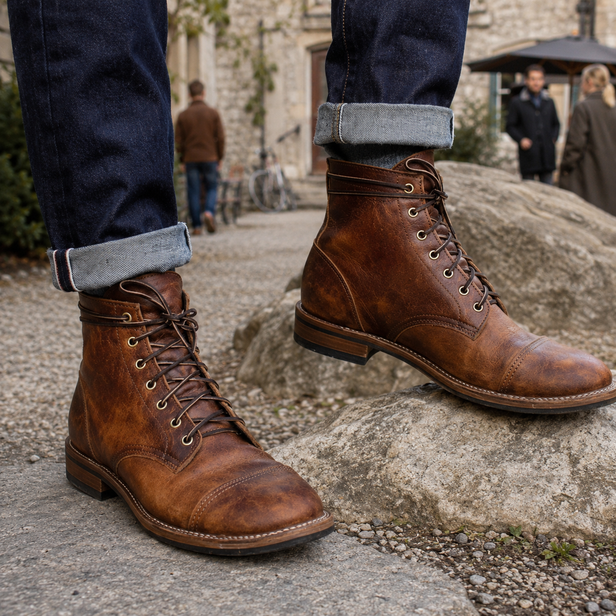 Men's leather boots lace-up retro style