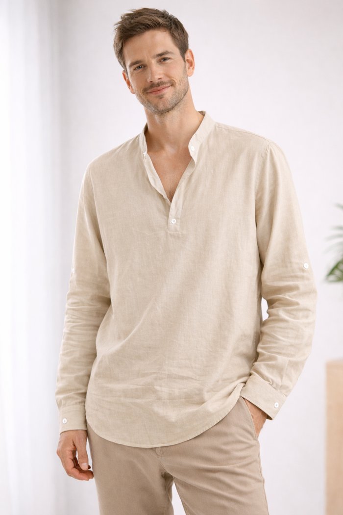 Men's Long-Sleeve Shirt | Loose Fit, Stand-Up Collar