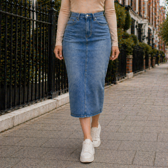 Pencil Skirt | Classic Style | High Waist, Denim Pattern