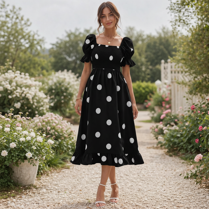 Polka Dot Midi Dress | Women's Puff Sleeve | Elegant Flowing Style