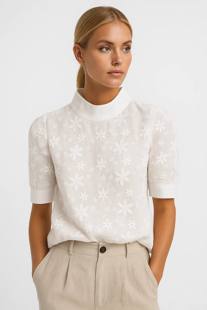 Women's Shirt | Embroidered, Short Sleeves, Floral Pattern | White