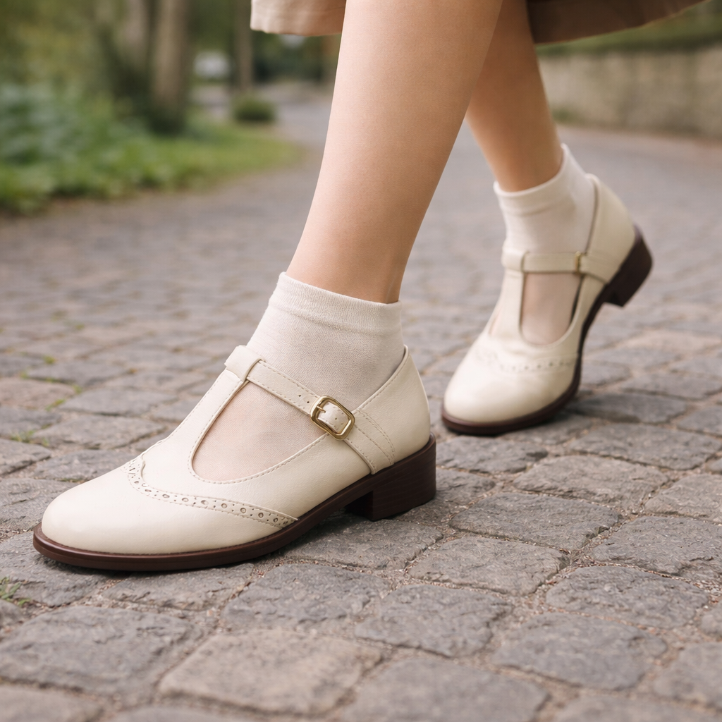 Women's Mary Jane shoes | T-strap, low heel | Brogue detail