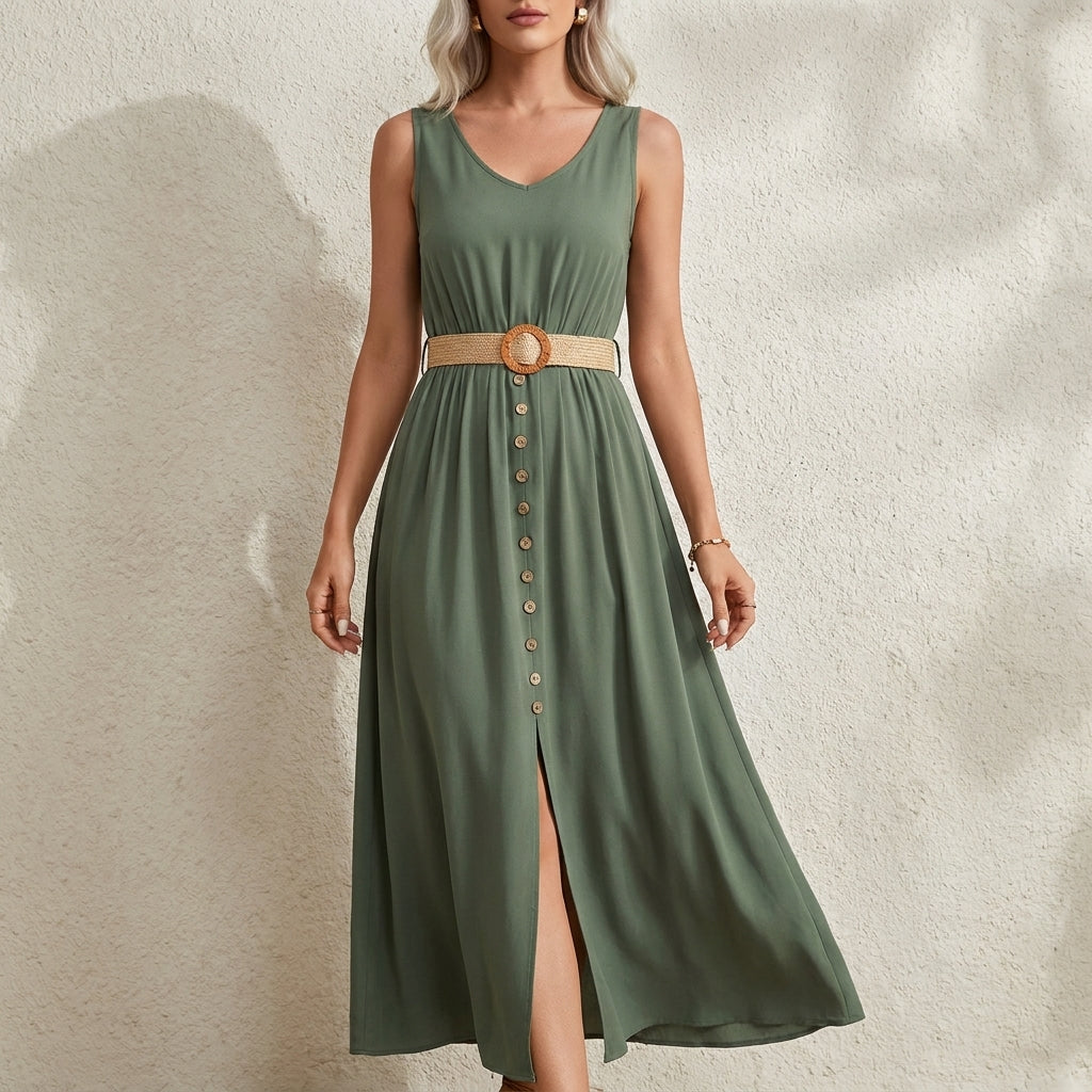 Maxi Dress | Belted, Buttoned, Summer Style