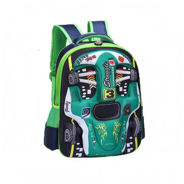 School Backpack | 3D Race Car Design, Kids | Green, Blue, Red