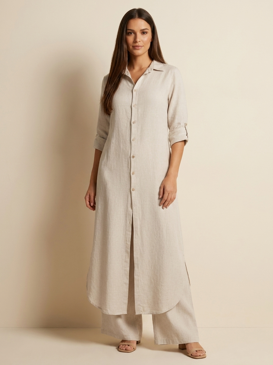 Women's linen set | Long shirt, loose pants | Breathable