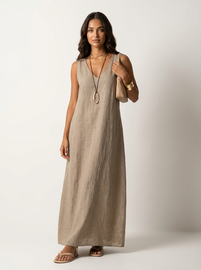 Women's linen dress | Sleeveless summer style | V-neck