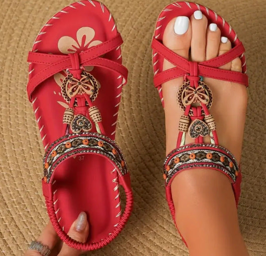 Women's Flat Boho Sandals – Open Toe – Twisted Straps – Glitter
