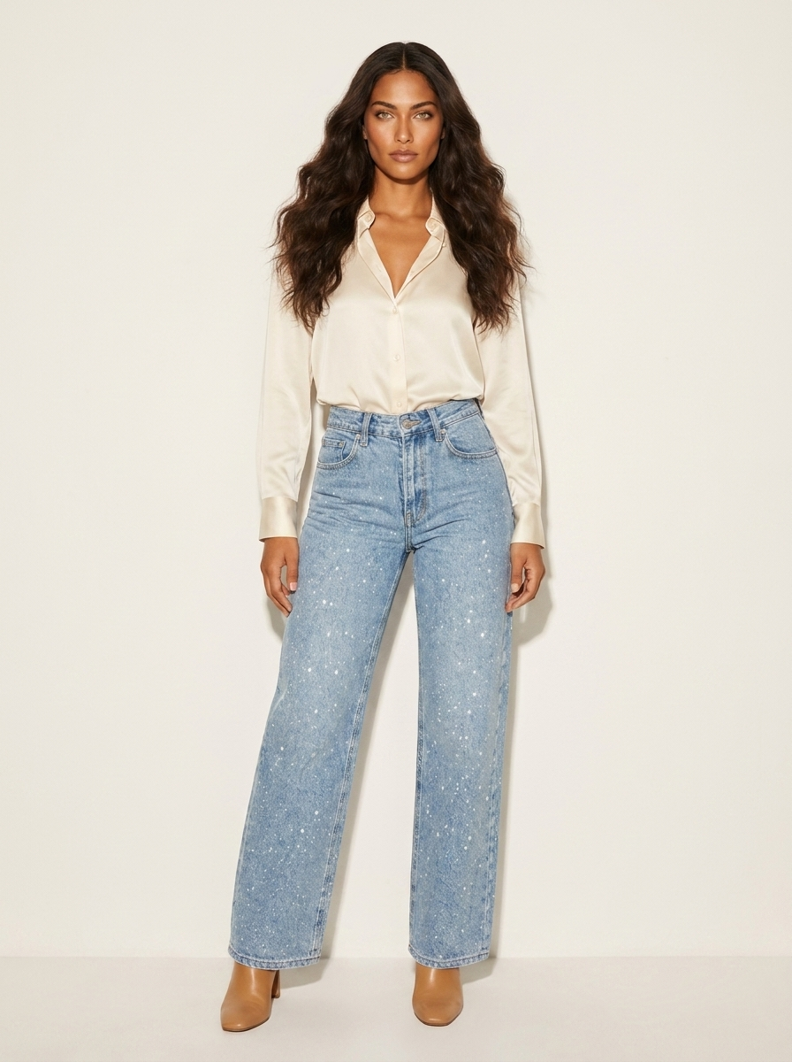 High-Waist Straight-Leg Jeans with Sequin Detail