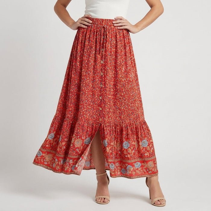 Women's Maxi Skirt | Bohemian Floral Pattern, Layered Hem