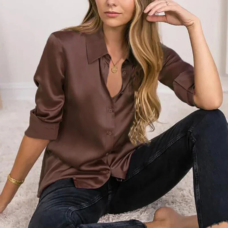 Satin Blouse | Women's, Short Sleeved, V-Neck | Office Style