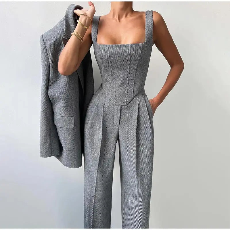 Women's Suit | Corset Top, Blazer, and Straight Pants