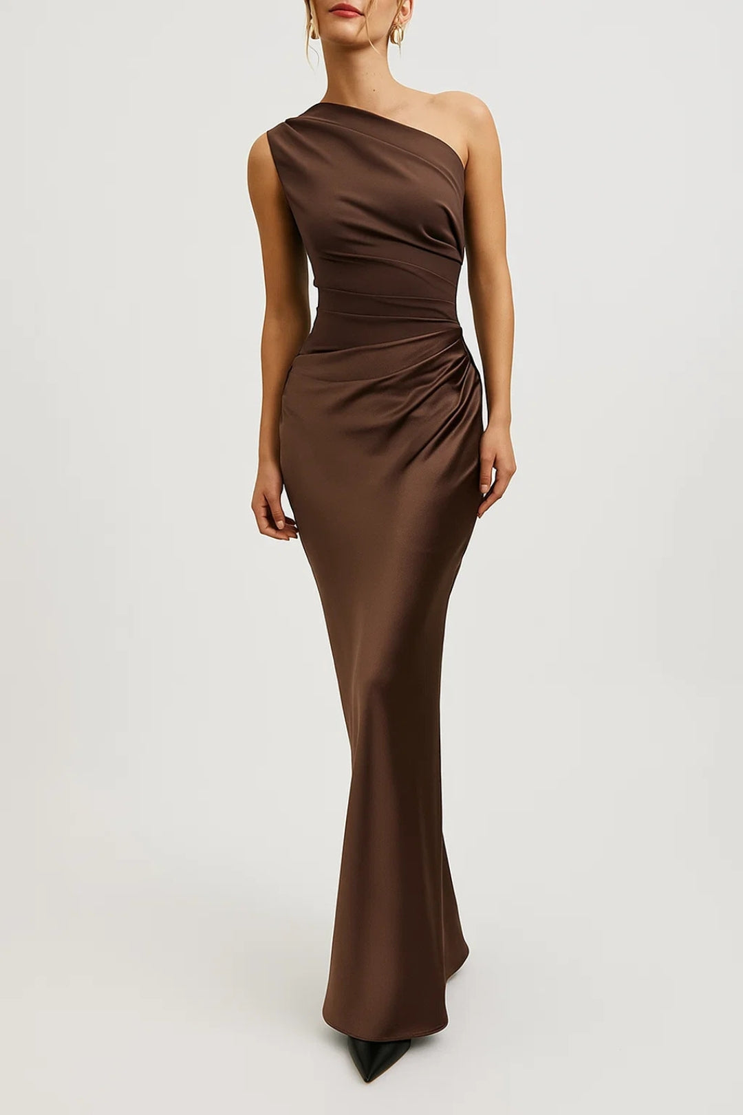 Evening Dress | Women's One-Shoulder, Long Satin Dress | Pleated Fit