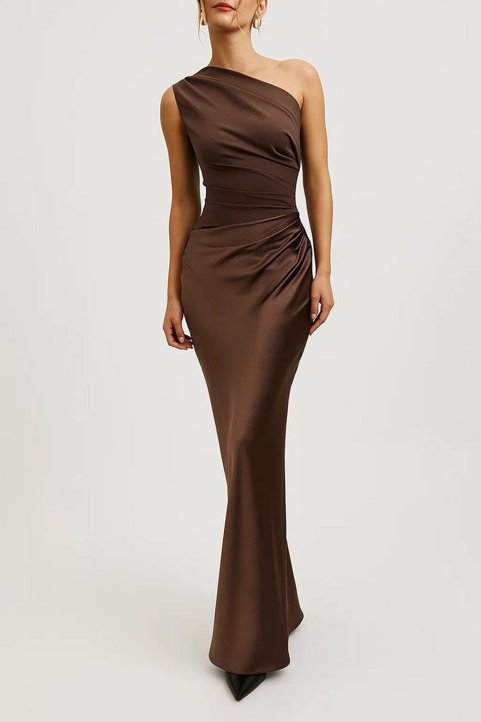 Evening Dress | Women's One-Shoulder, Long Satin Dress | Pleated Fit