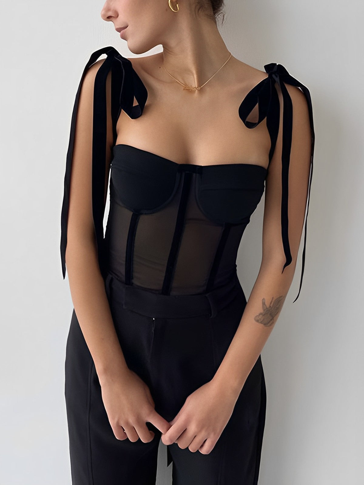 Women's Corset-Style Mesh Top | Black, Long Fit