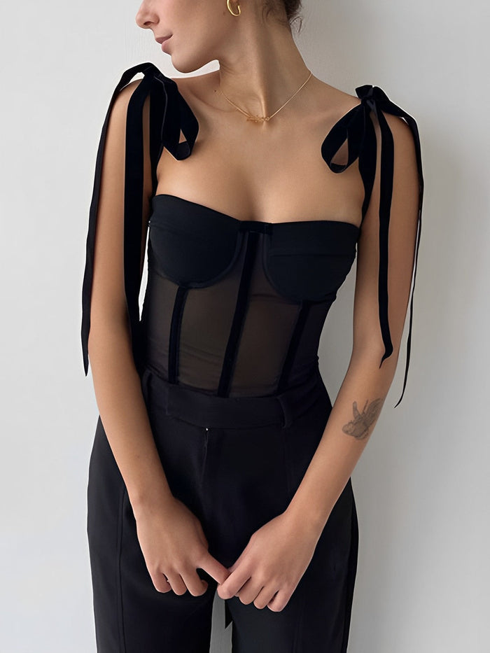 Women's Corset-Style Mesh Top | Black, Long Fit
