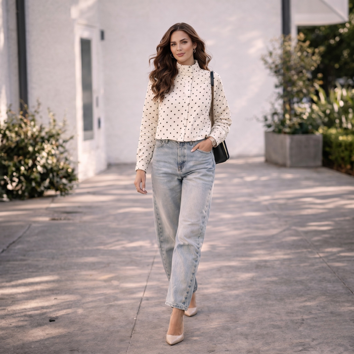 Women's Short Jacket | Modern Polka Dot Pattern, High Collar